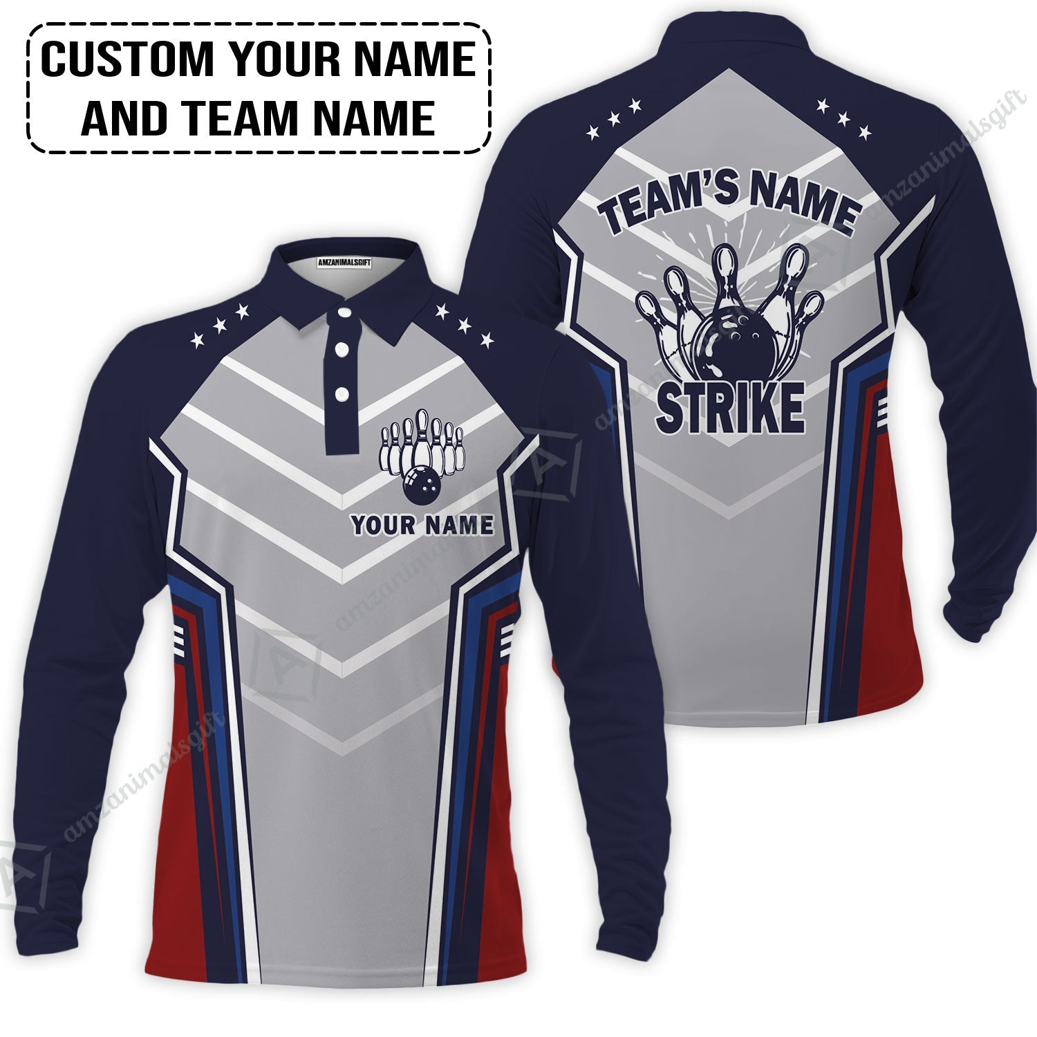 Bowling Custom Long Polo Shirt- Custom Name Strike Custom Bowling Shirt Personalized Long Polo Shirt