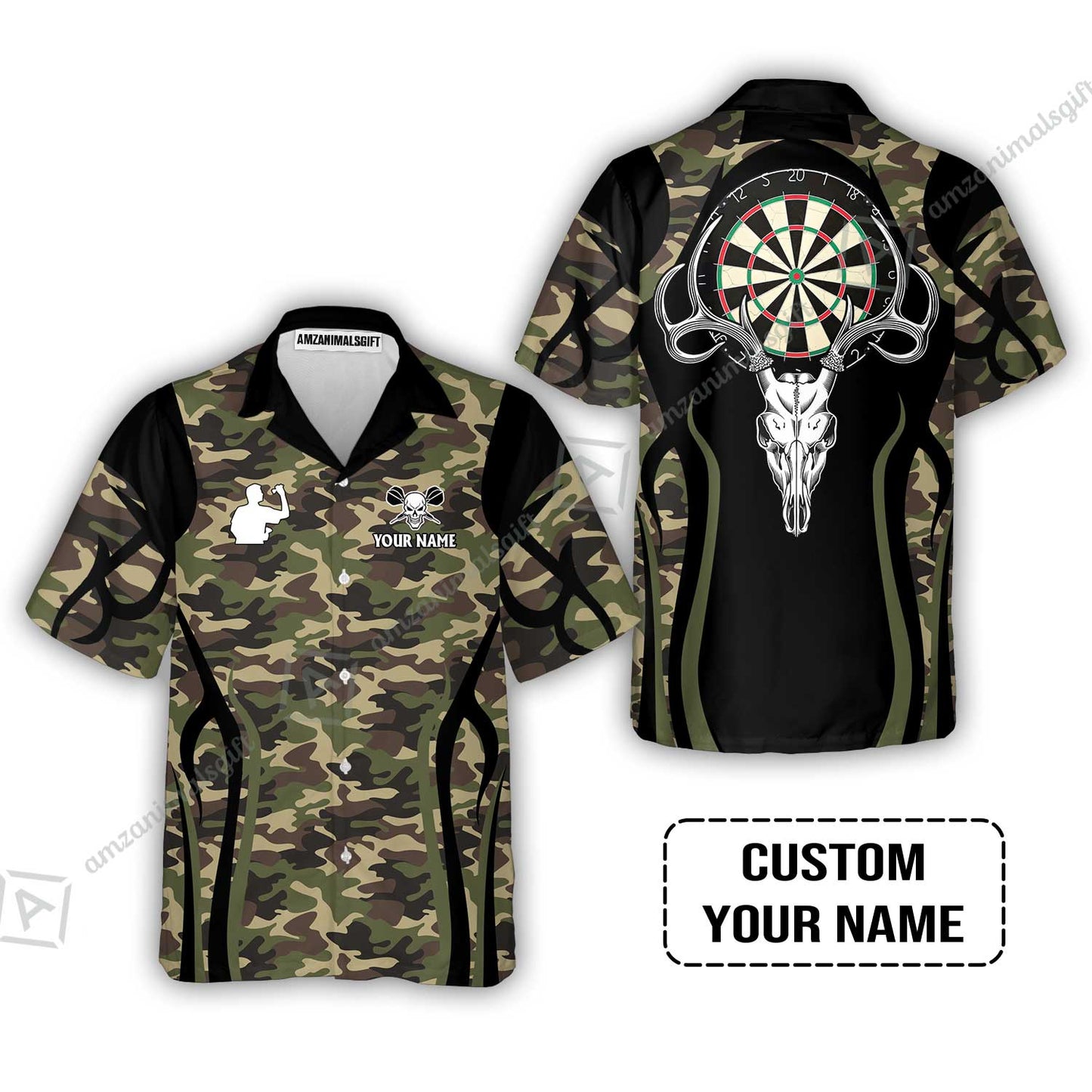Customized Darts Team Button Up Shirt, Camo Skull Deer Dartboard Hawaiian Shirt With Name Team Name For Darts League