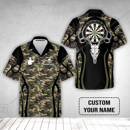Customized Darts Team Button Up Shirt, Camo Skull Deer Dartboard Hawaiian Shirt With Name Team Name For Darts League