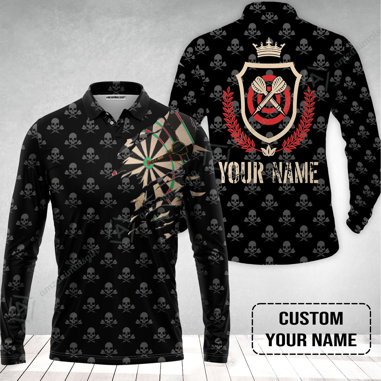 Customized Darts Long Sleeve Men Polo Shirt, Skull King Darts Personalized Name Polo Shirt - Perfect Gift For Darts Lovers, Darts Players
