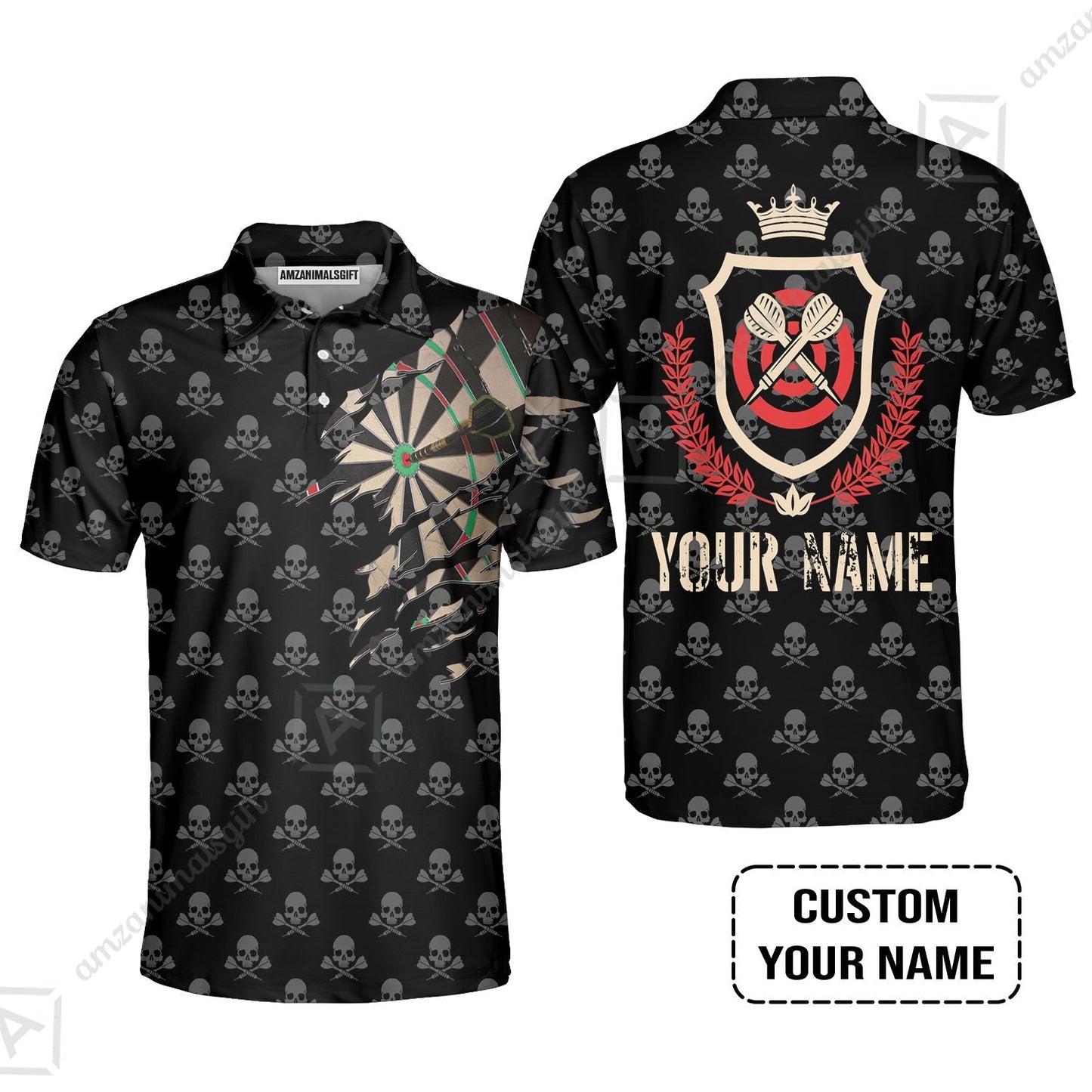 Customized Darts Zip Polo Shirt, Skull King Darts Personalized Name Zip Polo Shirt - Perfect Gift For Darts Lovers, Darts Players