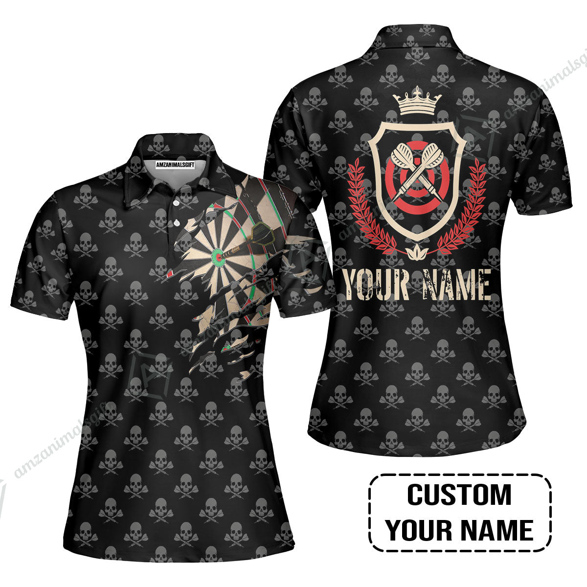 Customized Darts Women Polo Shirt, Skull King Darts Personalized Name Women Polo Shirt - Perfect Gift For Darts Lovers, Darts Players