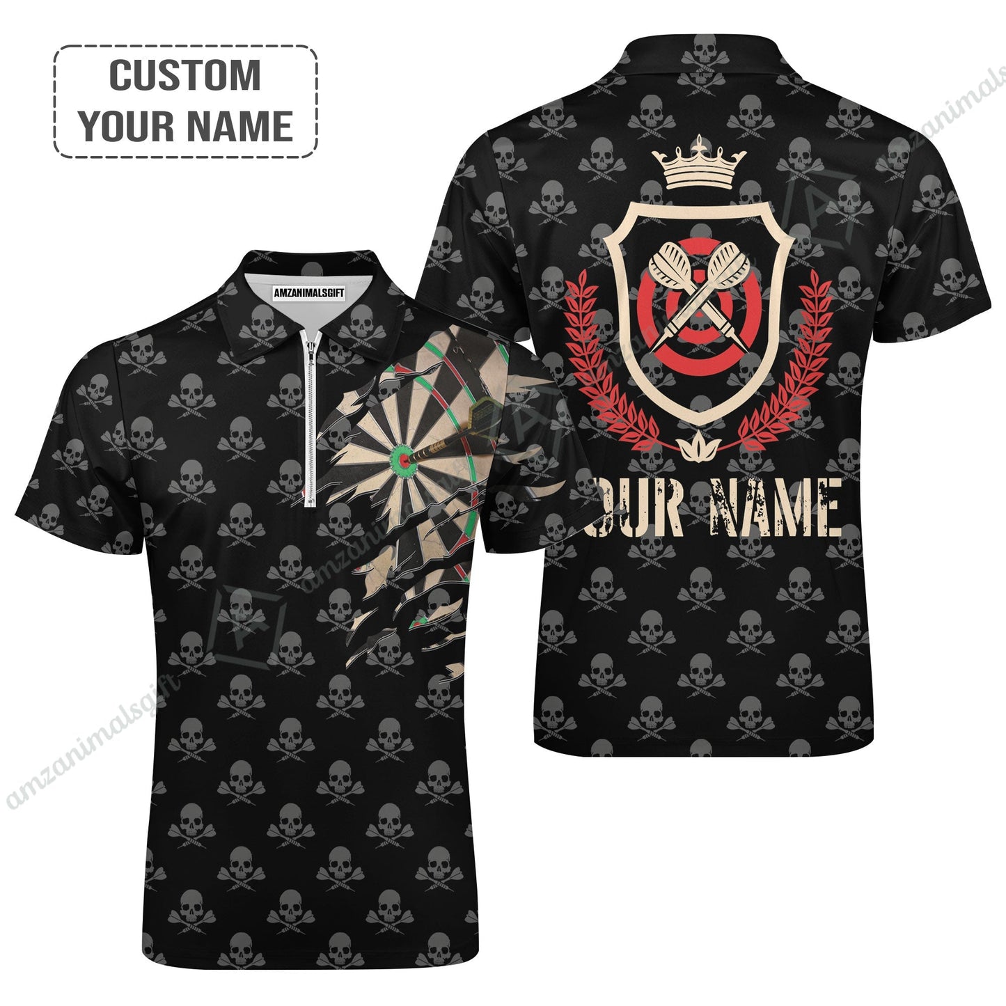 Customized Darts Zip Polo Shirt, Skull King Darts Personalized Name Zip Polo Shirt - Perfect Gift For Darts Lovers, Darts Players