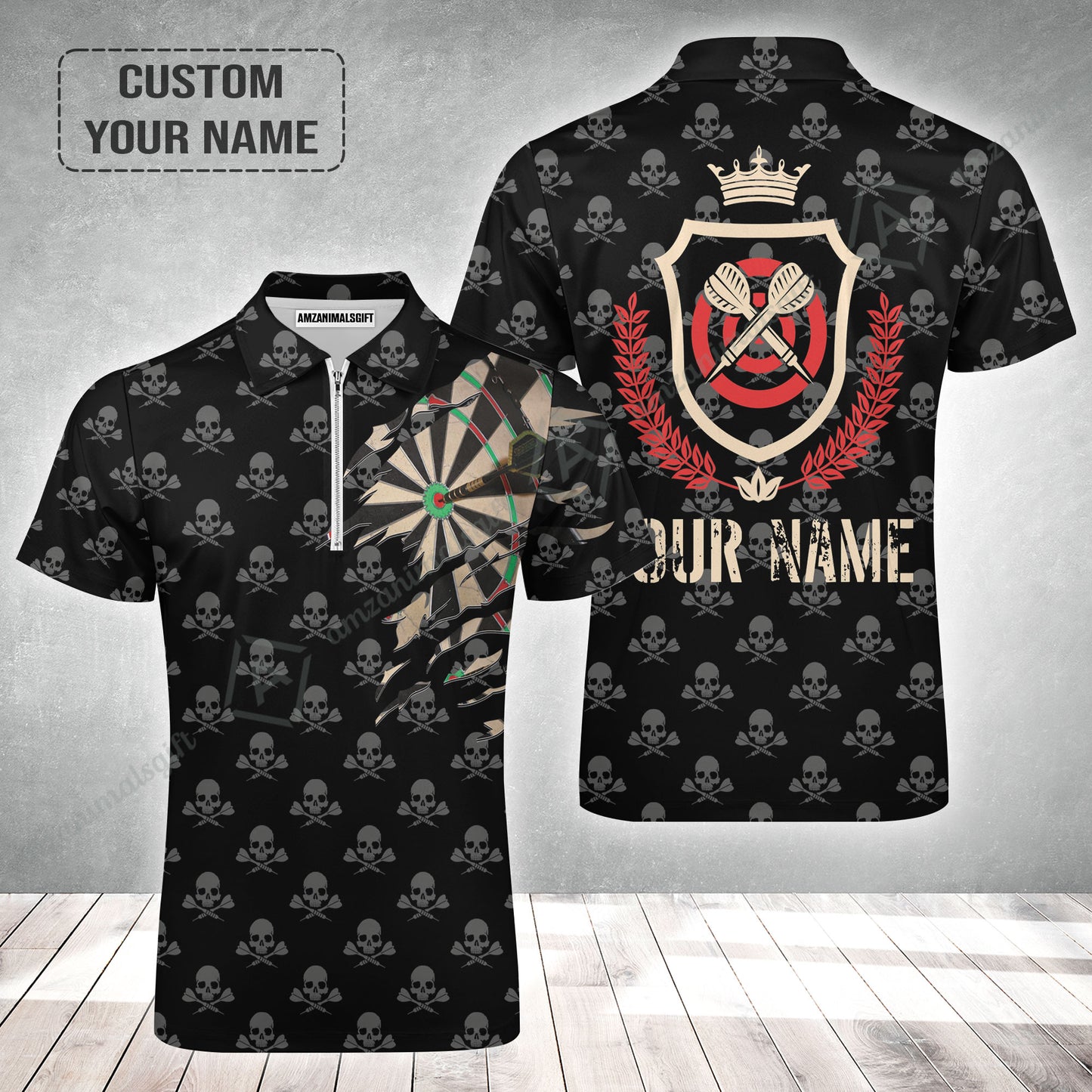 Customized Darts Zip Polo Shirt, Skull King Darts Personalized Name Zip Polo Shirt - Perfect Gift For Darts Lovers, Darts Players