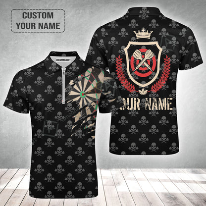 Customized Darts Zip Polo Shirt, Skull King Darts Personalized Name Zip Polo Shirt - Perfect Gift For Darts Lovers, Darts Players