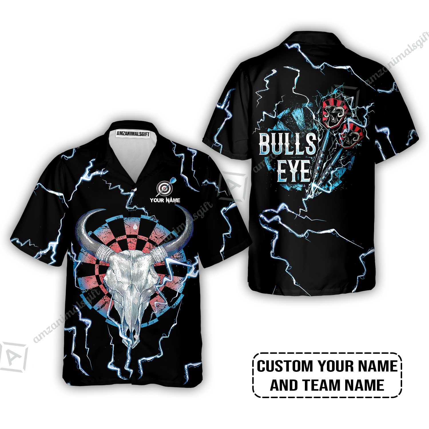 Customized Darts Hawaiian Shirt, Darts Bullseye Thunder Skull, Personalized Name Hawaiian Shirt