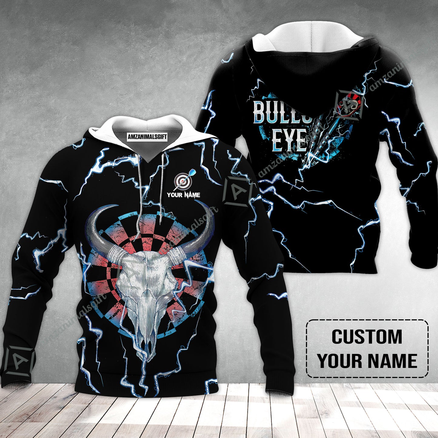 Customized Darts Hoodie, Darts Bullseye Thunder Skull, Personalized Name Hoodie