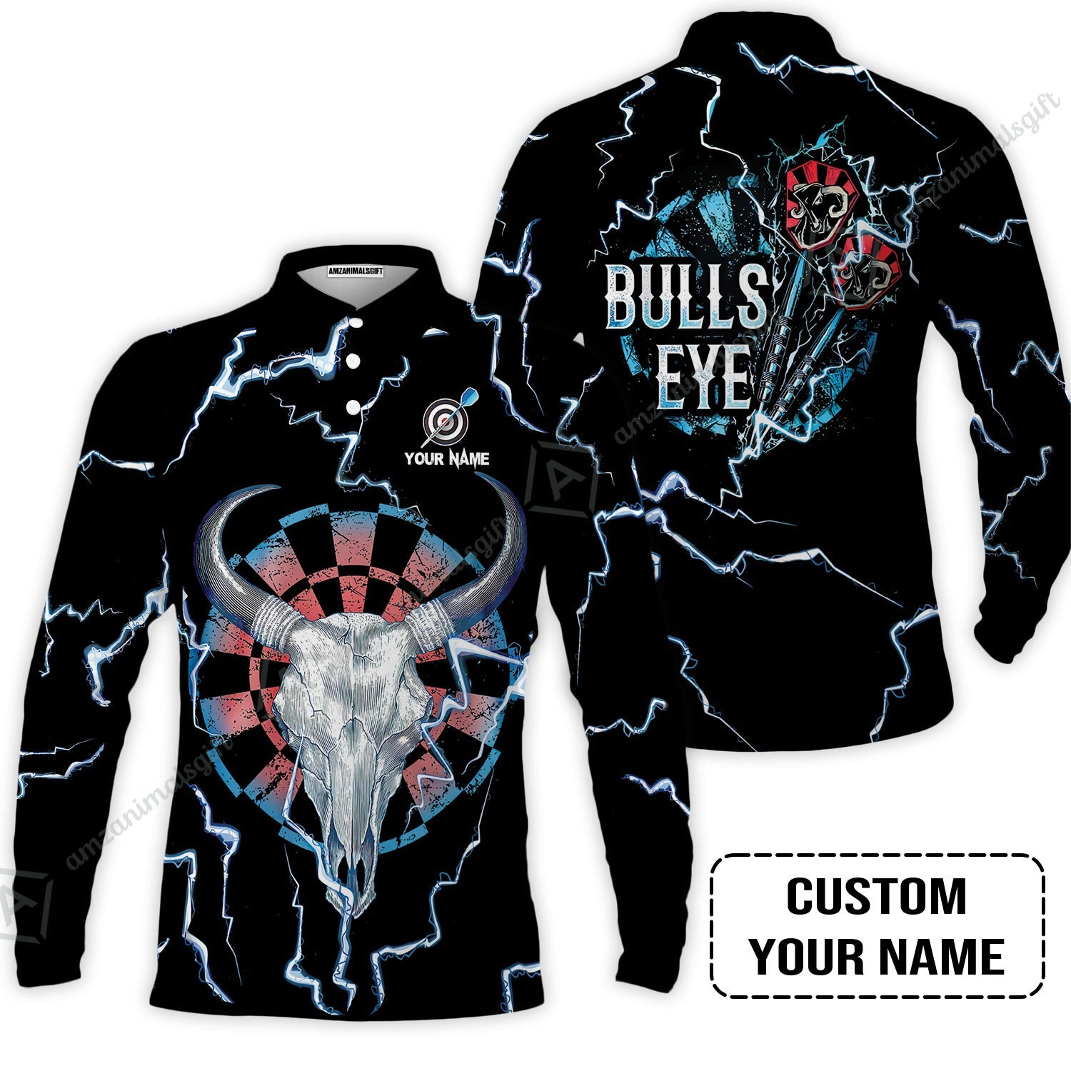 Customized Darts Long Sleeve Men Polo Shirt , Darts Bullseye Thunder Skull, Personalized Name Polo Shirt