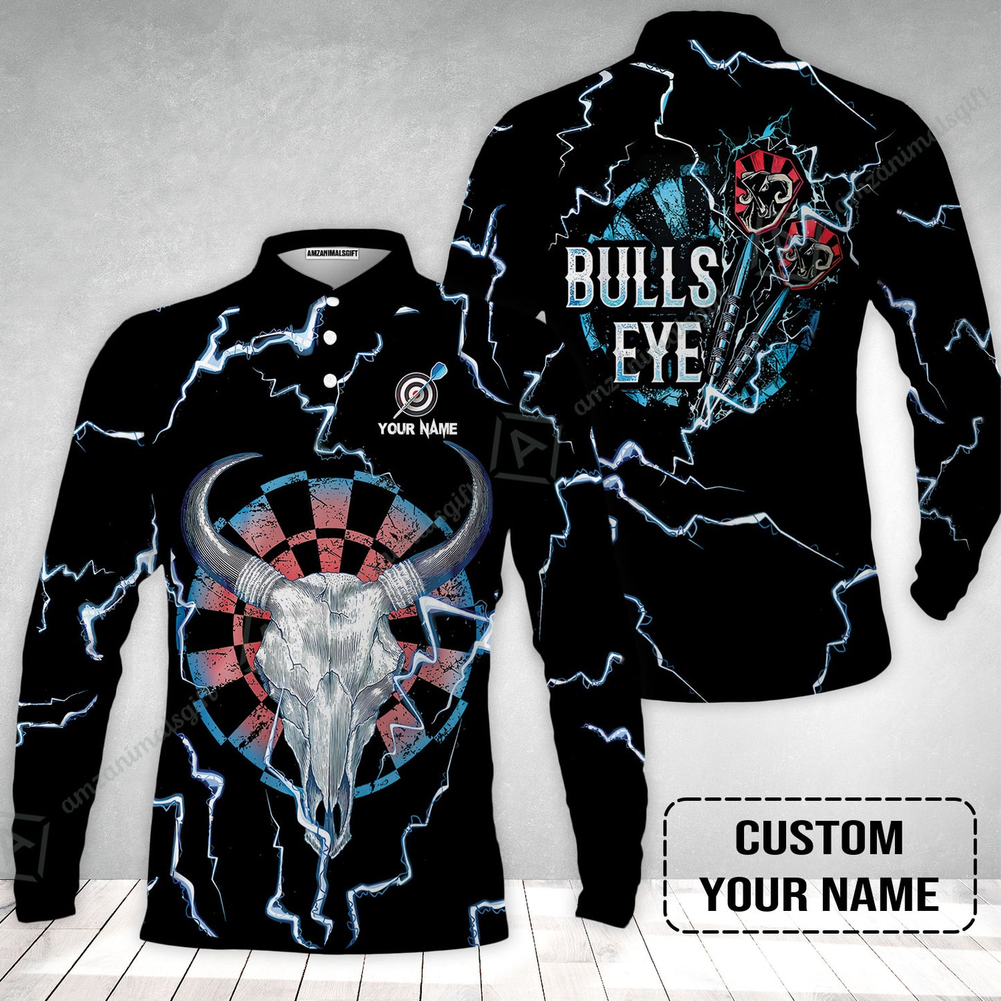 Customized Darts Long Sleeve Men Polo Shirt , Darts Bullseye Thunder Skull, Personalized Name Polo Shirt