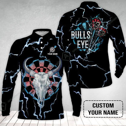 Customized Darts Long Sleeve Men Polo Shirt , Darts Bullseye Thunder Skull, Personalized Name Polo Shirt