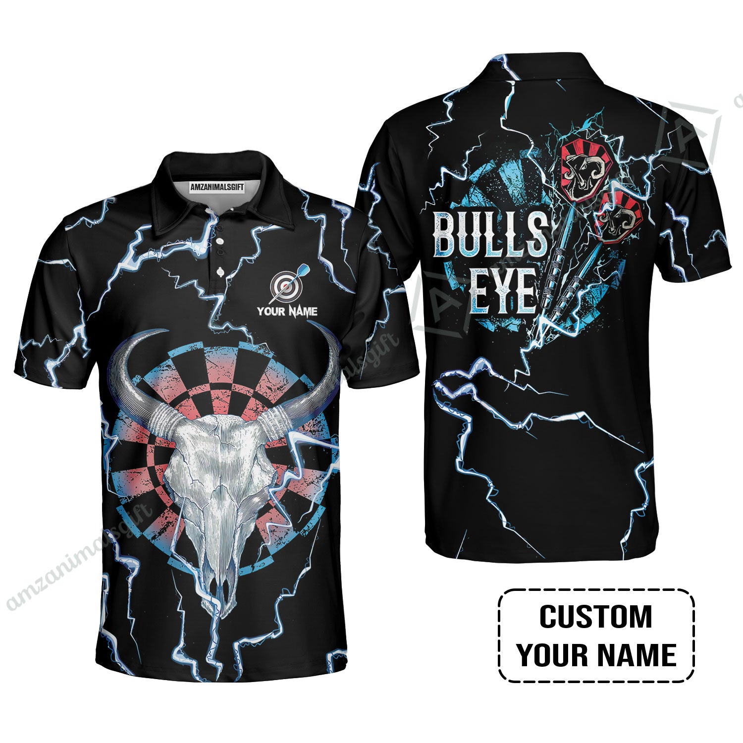 Customized Darts Men Polo Shirt, Darts Bullseye Thunder Skull, Personalized Name Polo Shirt- Perfect Gift For Darts Lovers, Darts Players