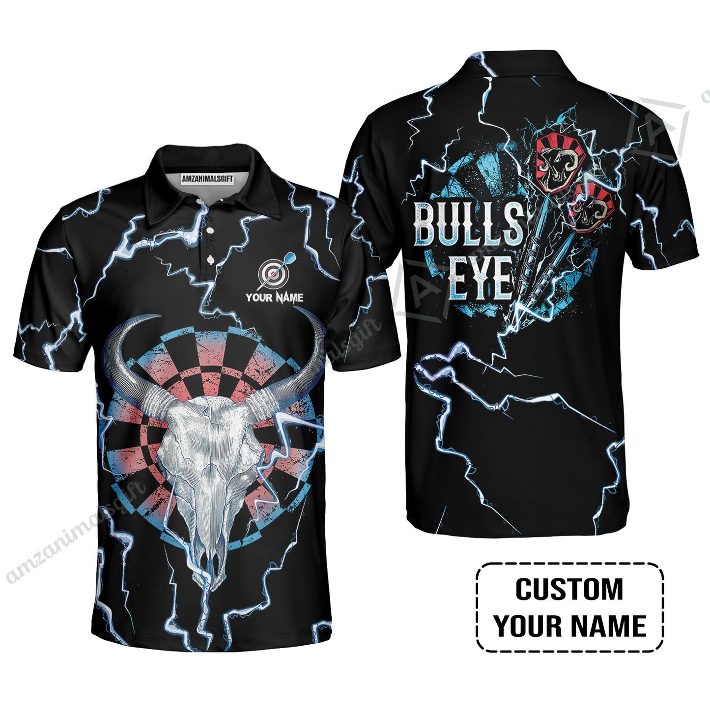 Customized Darts Long Sleeve Men Polo Shirt , Darts Bullseye Thunder Skull, Personalized Name Polo Shirt