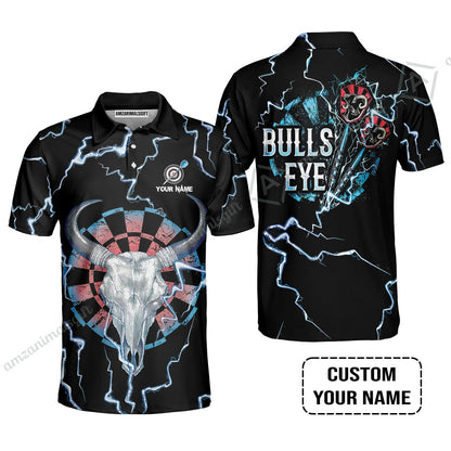 Customized Darts Long Sleeve Men Polo Shirt , Darts Bullseye Thunder Skull, Personalized Name Polo Shirt