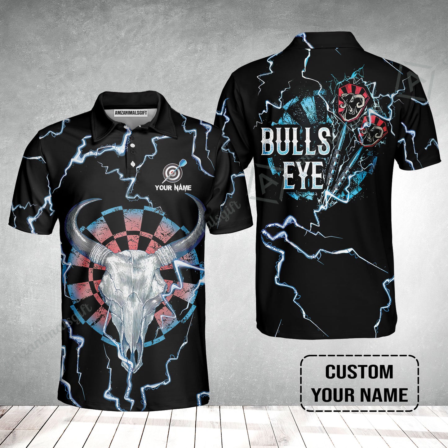 Customized Darts Men Polo Shirt, Darts Bullseye Thunder Skull, Personalized Name Polo Shirt- Perfect Gift For Darts Lovers, Darts Players