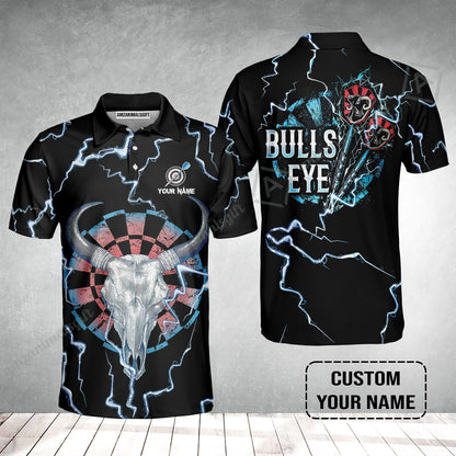 Customized Darts Men Polo Shirt, Darts Bullseye Thunder Skull, Personalized Name Polo Shirt- Perfect Gift For Darts Lovers, Darts Players