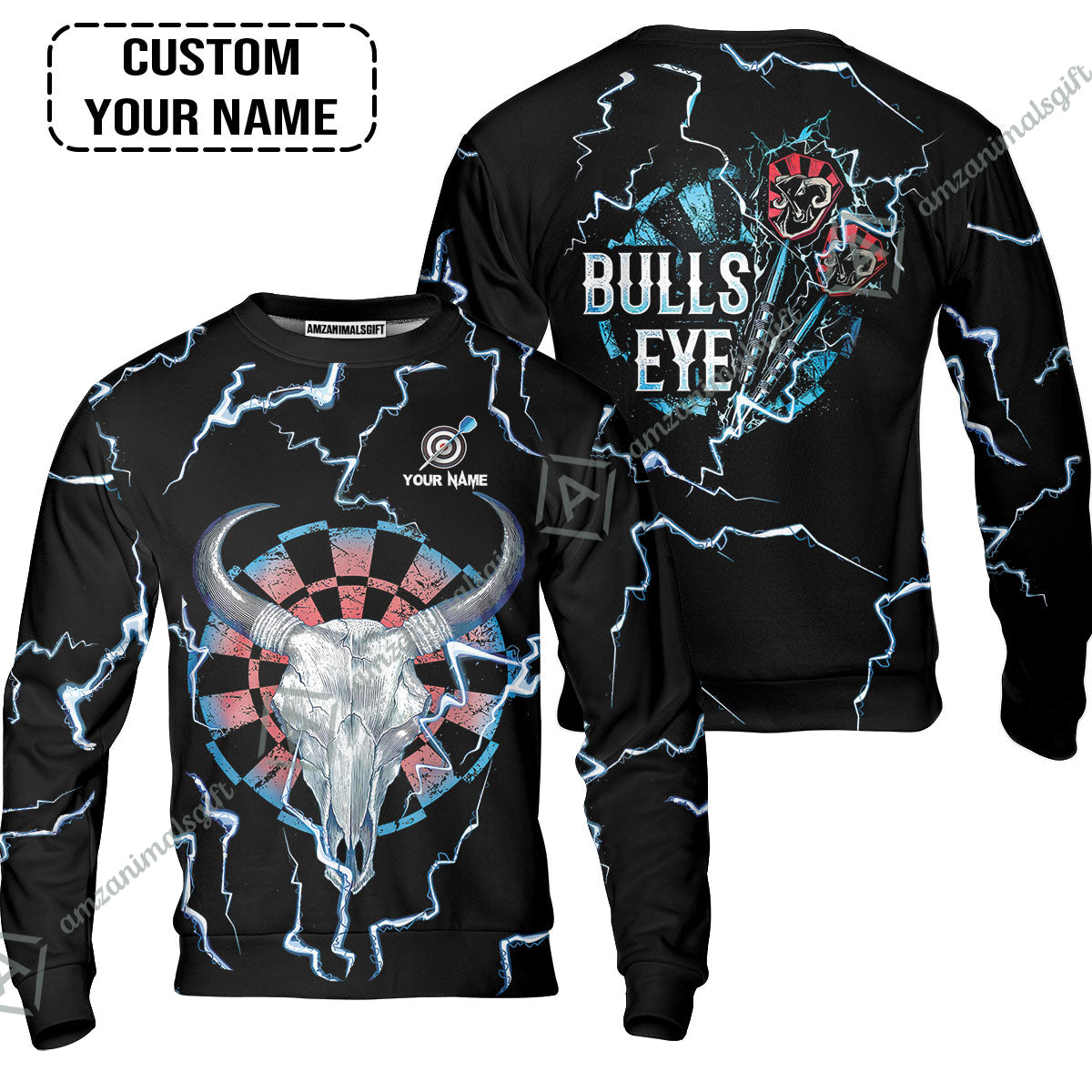 Customized Darts Sweatshirt, Darts Bullseye Thunder Skull, Personalized Name Sweatshirt