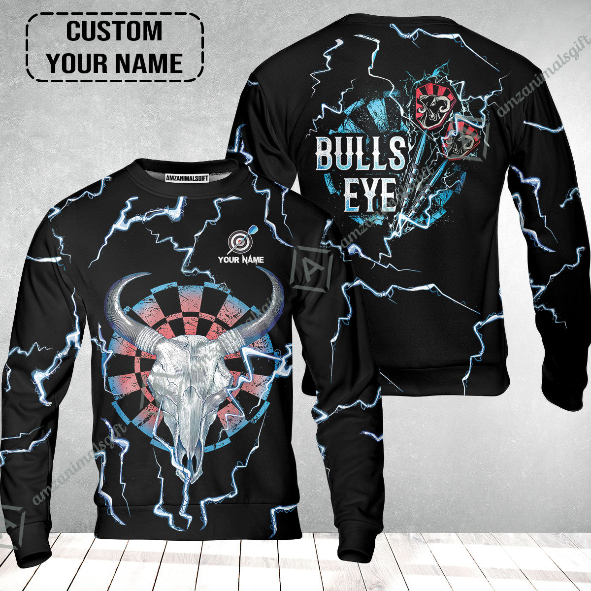 Customized Darts Sweatshirt, Darts Bullseye Thunder Skull, Personalized Name Sweatshirt