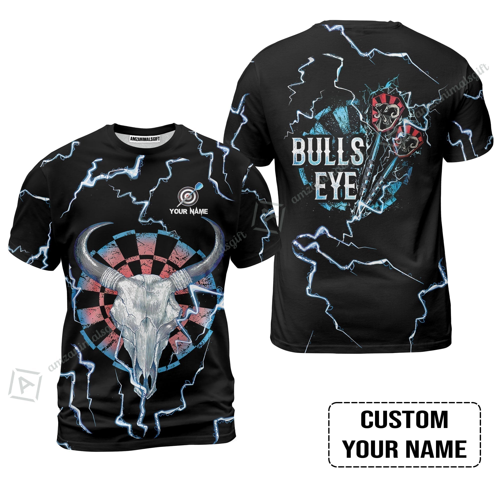 Customized Darts T-Shirt, Darts Bullseye Thunder Skull, Personalized Name T-Shirt