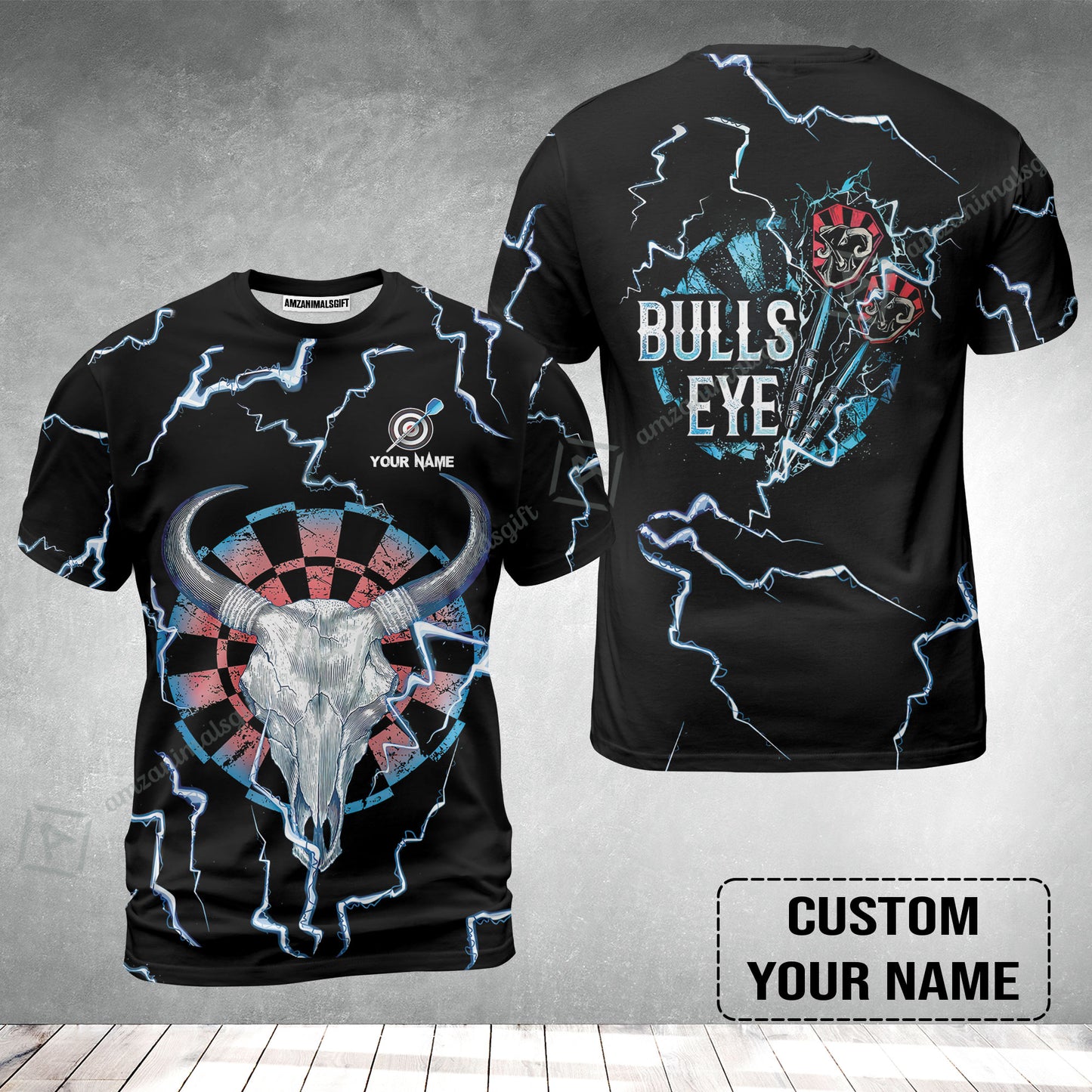 Customized Darts T-Shirt, Darts Bullseye Thunder Skull, Personalized Name T-Shirt