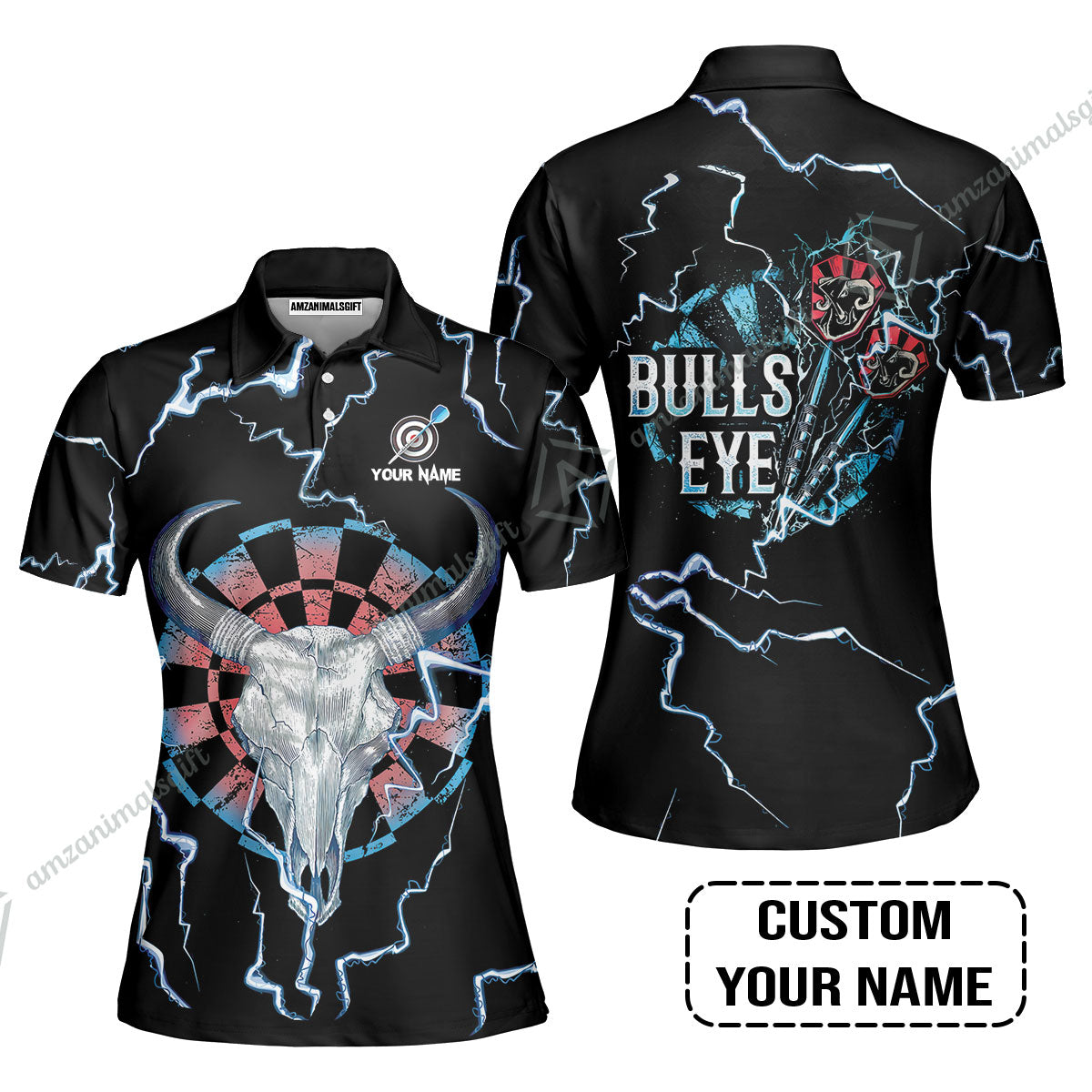 Customized Darts Women Polo Shirt, Darts Bullseye Thunder Skull, Personalized Name Women Polo Shirt