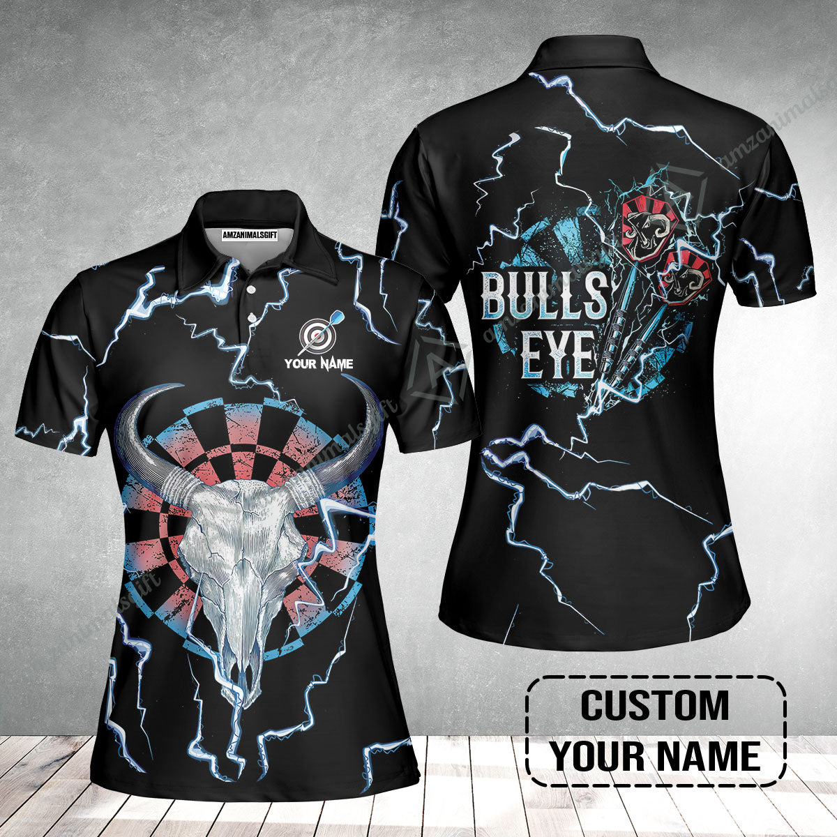 Customized Darts Women Polo Shirt, Darts Bullseye Thunder Skull, Personalized Name Women Polo Shirt