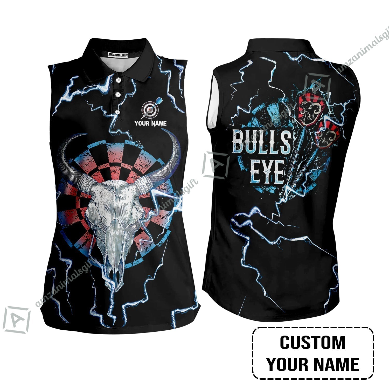 Customized Darts Women Sleeveless Polo Shirt, Darts Bullseye Thunder Skull, Personalized Name Women Sleeveless Polo Shirt