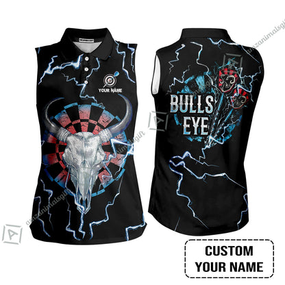 Customized Darts Long Sleeve Men Polo Shirt , Darts Bullseye Thunder Skull, Personalized Name Polo Shirt