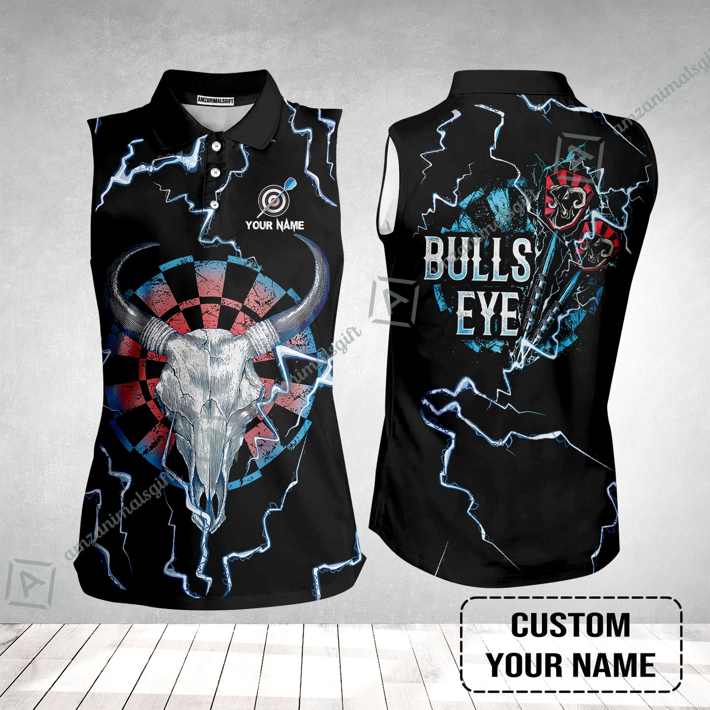 Customized Darts Women Sleeveless Polo Shirt, Darts Bullseye Thunder Skull, Personalized Name Women Sleeveless Polo Shirt