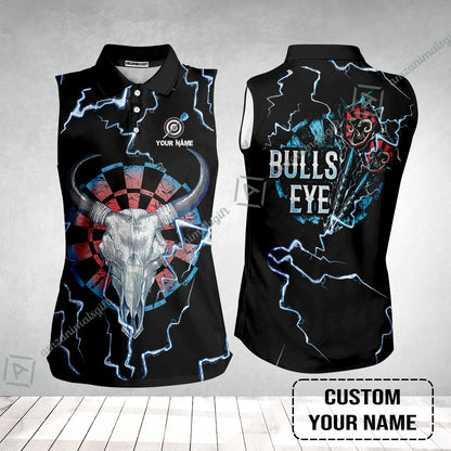 Customized Darts Women Sleeveless Polo Shirt, Darts Bullseye Thunder Skull, Personalized Name Women Sleeveless Polo Shirt