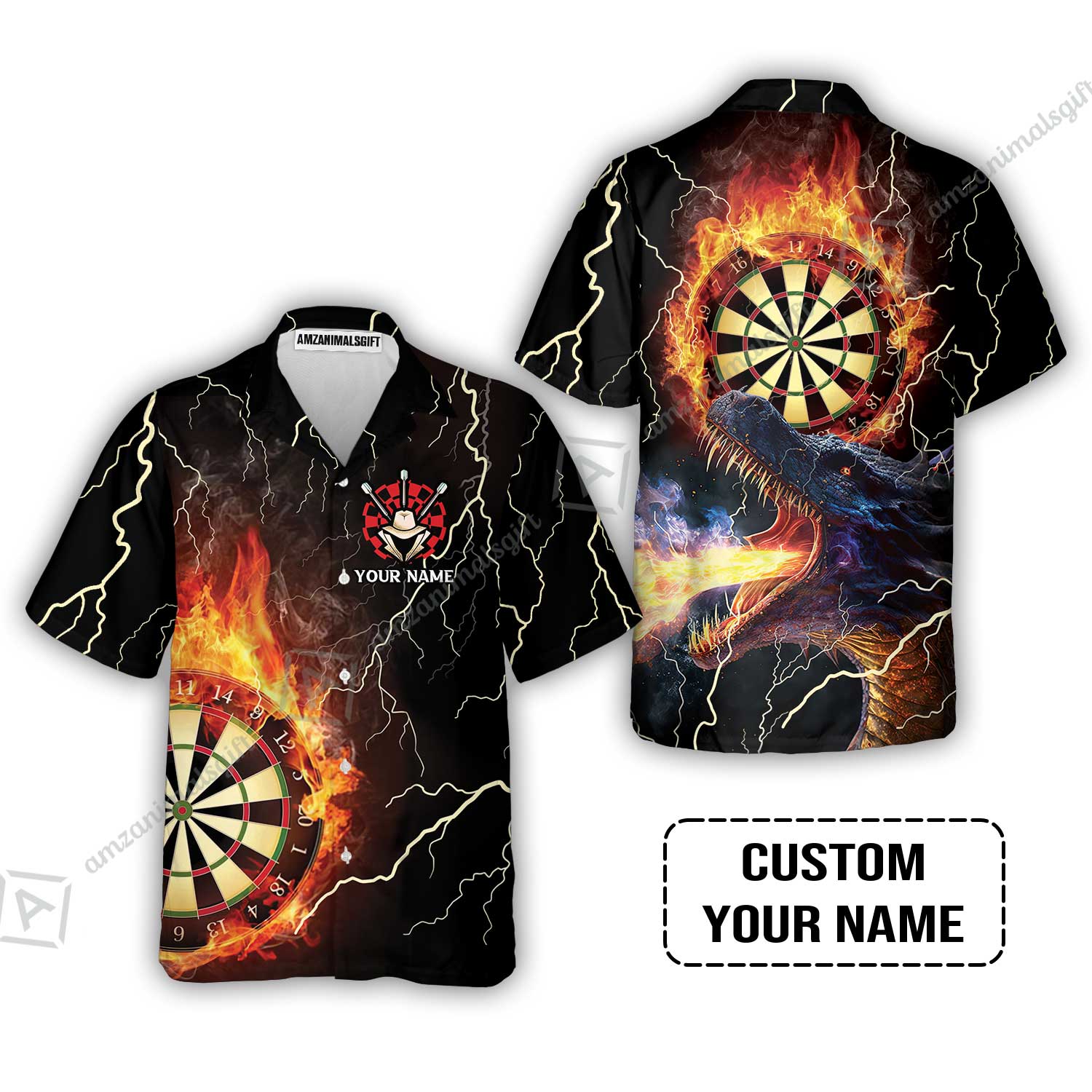 Customized Darts Hawaiian Shirt, Flame Dartboard, Personalized Name Dragon And Darts Hawaiian Shirt - Perfect Gift For Darts Lovers