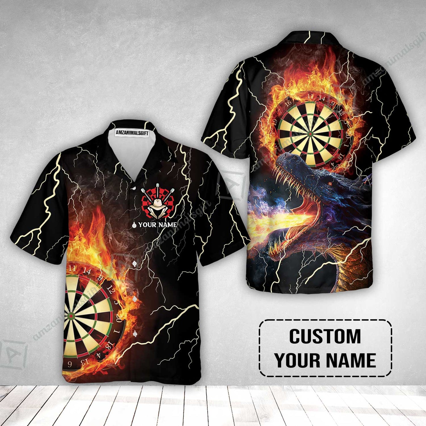 Customized Darts Hawaiian Shirt, Flame Dartboard, Personalized Name Dragon And Darts Hawaiian Shirt - Perfect Gift For Darts Lovers