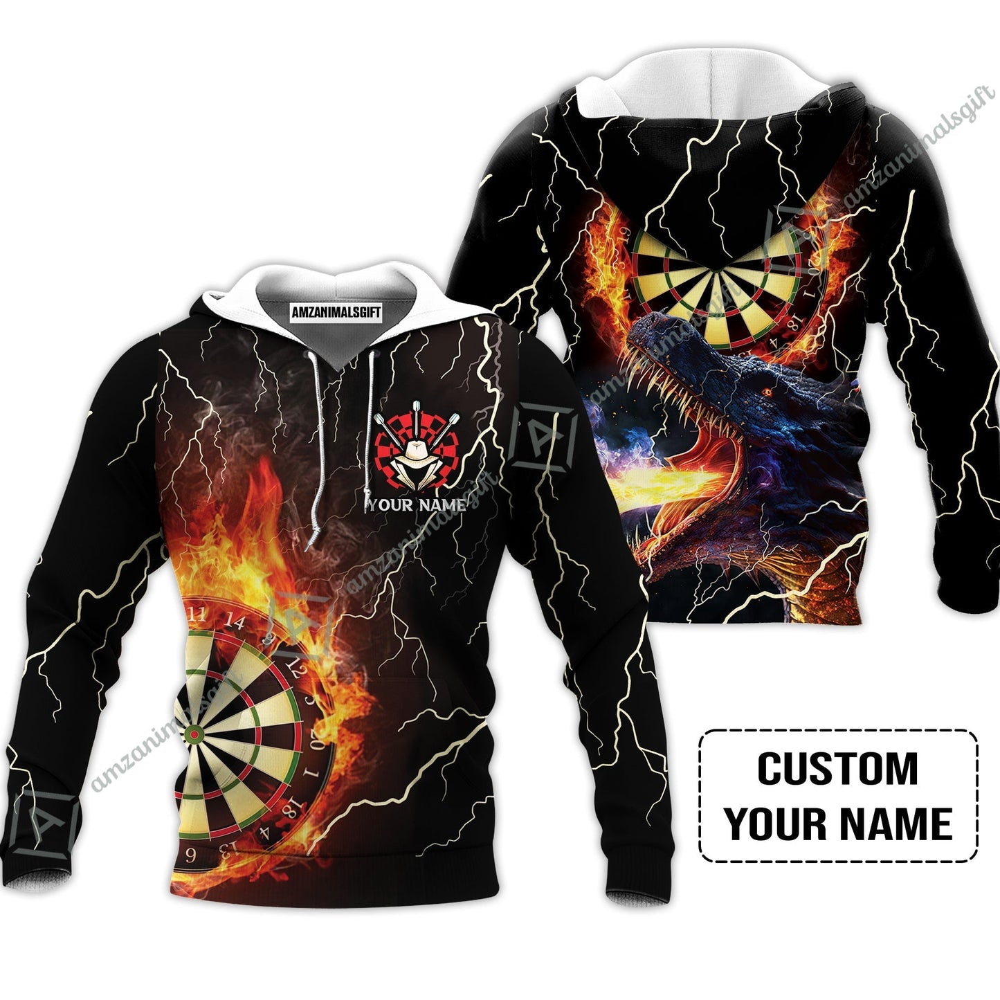Customized Darts Hoodie, Flame Dartboard, Personalized Name Dragon And Darts Hoodie - Perfect Gift For Darts Lovers