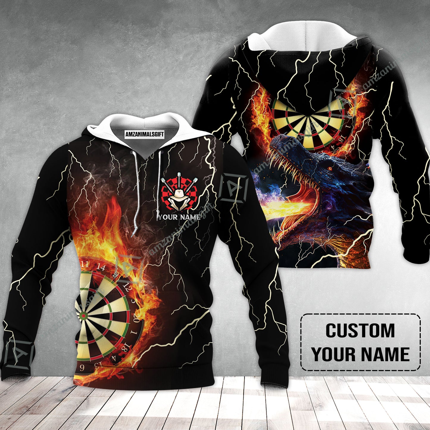 Customized Darts Hoodie, Flame Dartboard, Personalized Name Dragon And Darts Hoodie - Perfect Gift For Darts Lovers