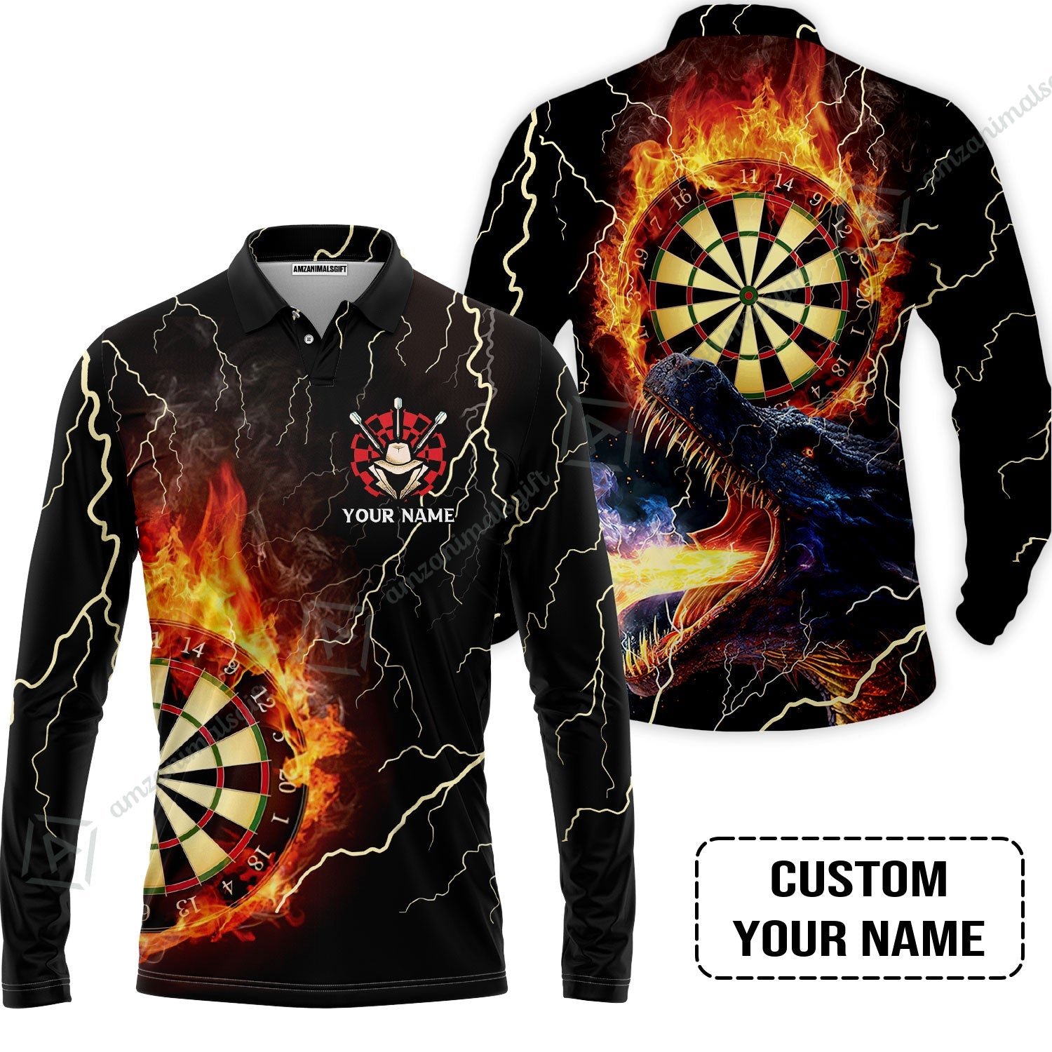 Customized Darts Long Sleeve Men Polo Shirt, Flame Dartboard, Personalized Name Dragon And Darts Polo Shirt - Perfect Gift For Darts Lovers