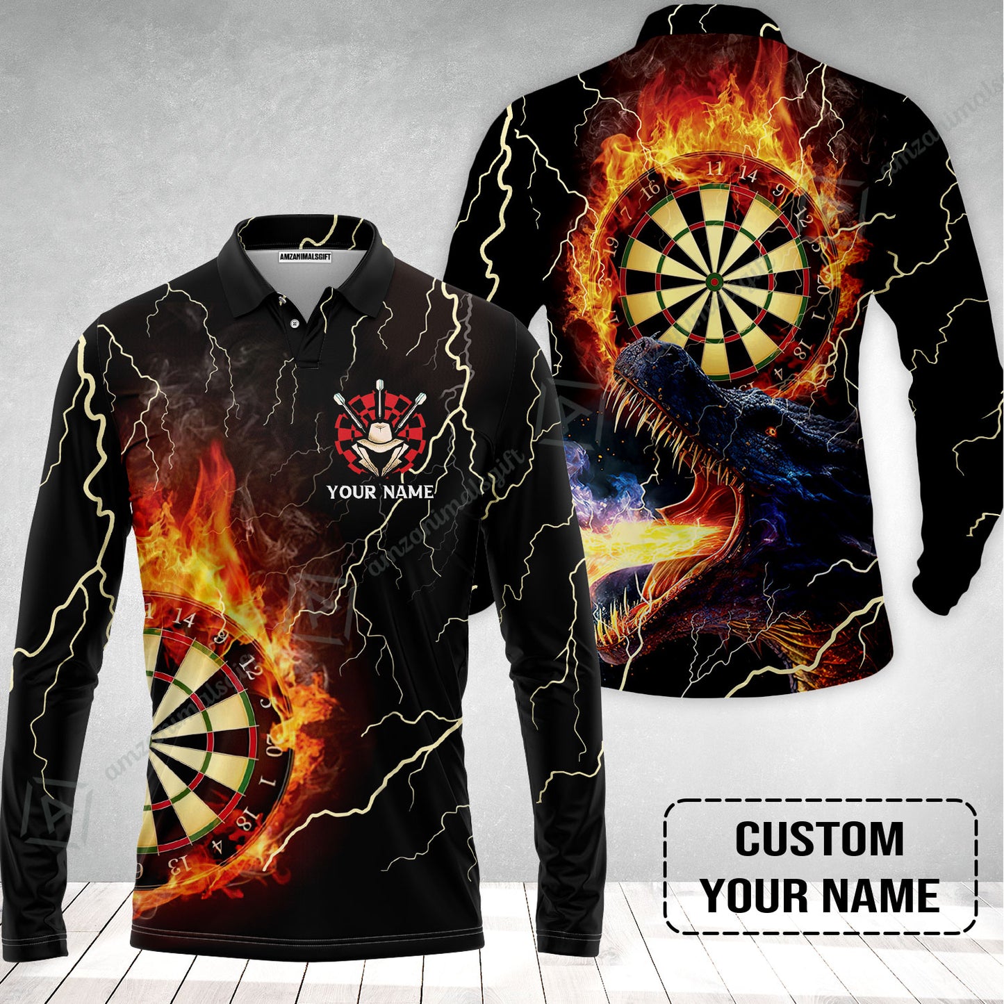 Customized Darts Long Sleeve Men Polo Shirt, Flame Dartboard, Personalized Name Dragon And Darts Polo Shirt - Perfect Gift For Darts Lovers