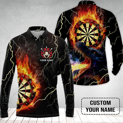 Customized Darts Long Sleeve Men Polo Shirt, Flame Dartboard, Personalized Name Dragon And Darts Polo Shirt - Perfect Gift For Darts Lovers