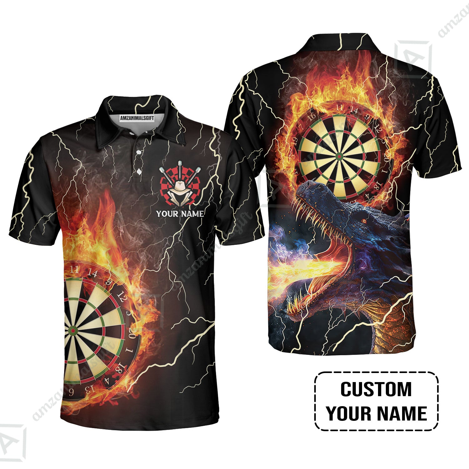 Customized Darts Polo Shirt, Flame Dartboard, Personalized Name Dragon And Darts Polo Shirt For Men - Perfect Gift For Darts Lovers