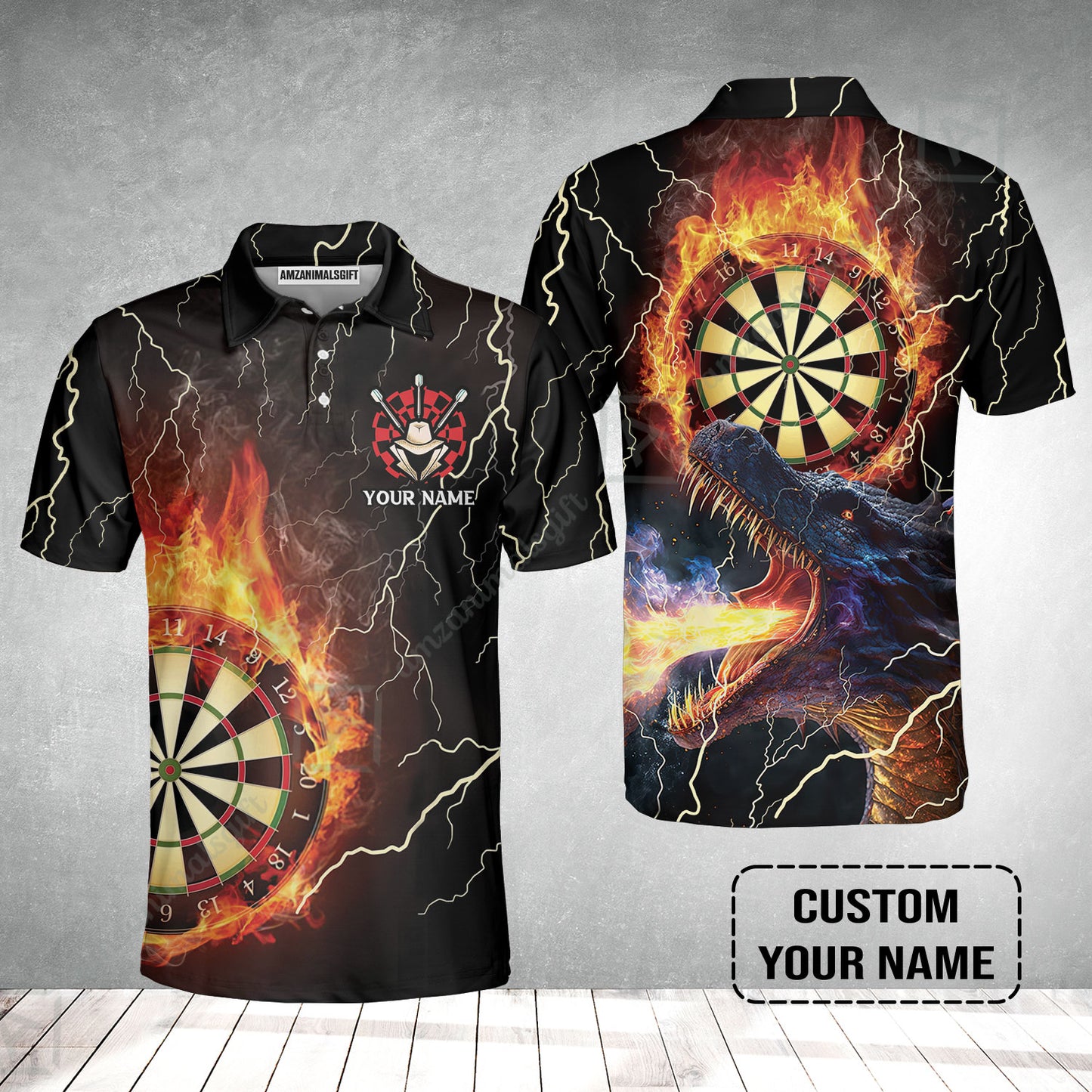 Customized Darts Polo Shirt, Flame Dartboard, Personalized Name Dragon And Darts Polo Shirt For Men - Perfect Gift For Darts Lovers