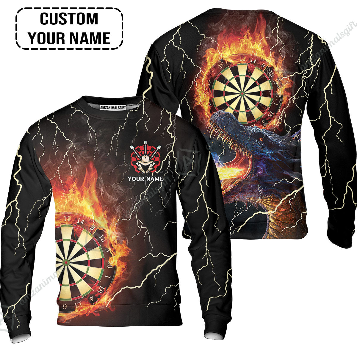 Customized Darts Sweatshirt, Flame Dartboard, Personalized Name Dragon And Darts Sweatshirt - Perfect Gift For Darts Lovers