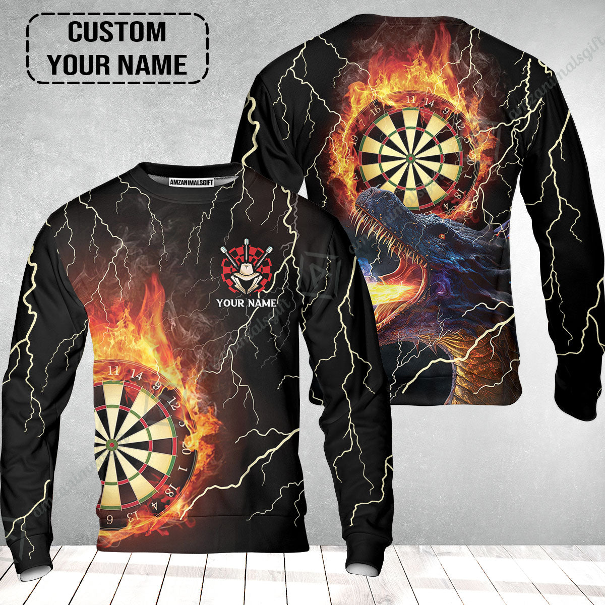 Customized Darts Sweatshirt, Flame Dartboard, Personalized Name Dragon And Darts Sweatshirt - Perfect Gift For Darts Lovers
