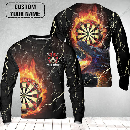 Customized Darts Sweatshirt, Flame Dartboard, Personalized Name Dragon And Darts Sweatshirt - Perfect Gift For Darts Lovers