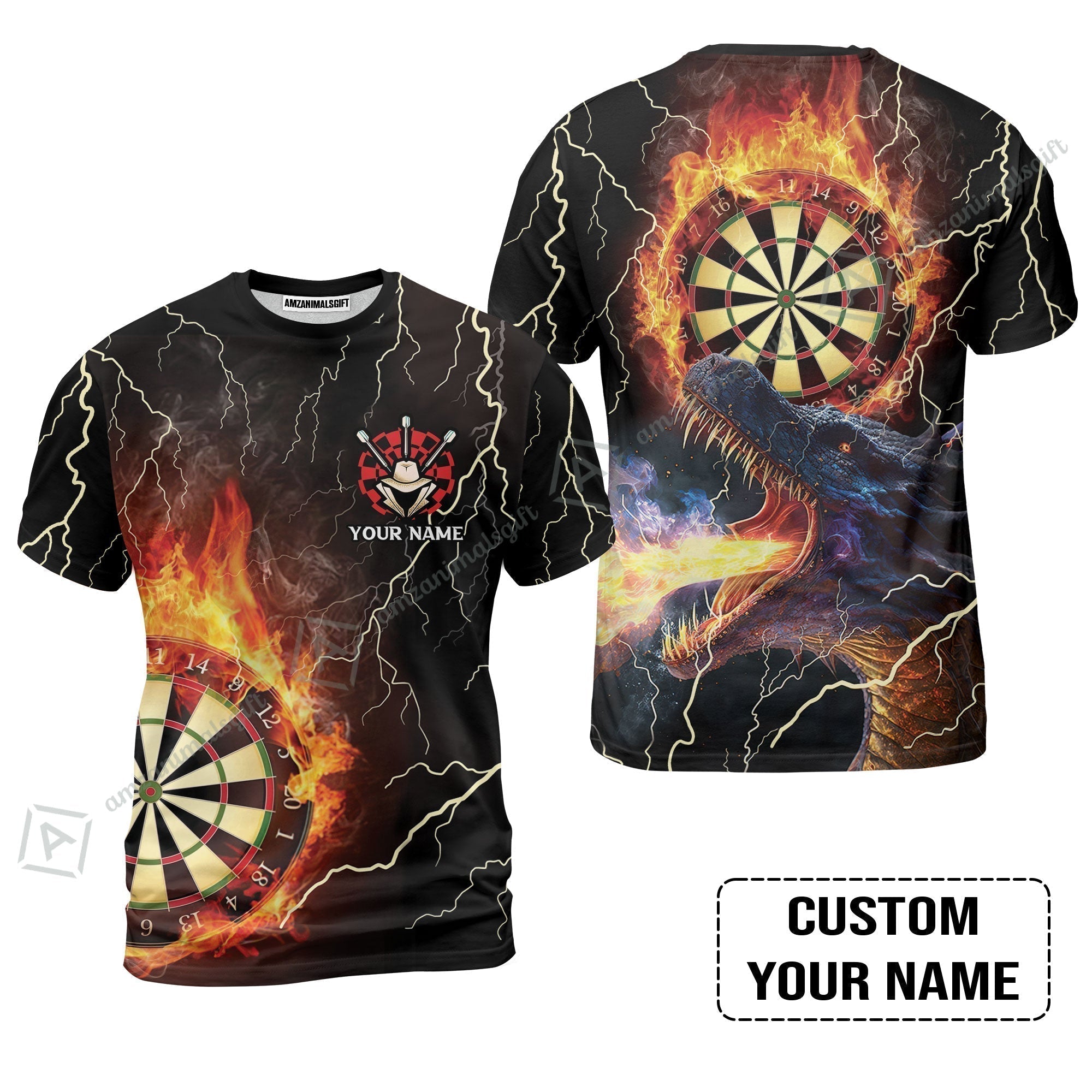 Customized Darts T-Shirt, Flame Dartboard, Personalized Name Dragon And Darts T-Shirt - Perfect Gift For Darts Lovers