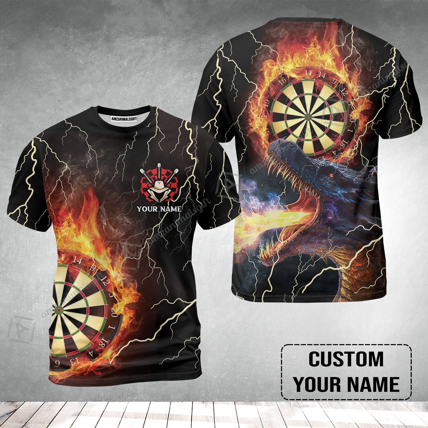 Customized Darts T-Shirt, Flame Dartboard, Personalized Name Dragon And Darts T-Shirt - Perfect Gift For Darts Lovers