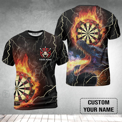 Customized Darts T-Shirt, Flame Dartboard, Personalized Name Dragon And Darts T-Shirt - Perfect Gift For Darts Lovers
