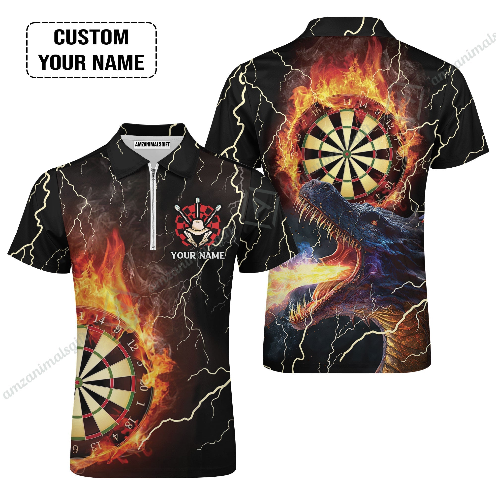 Customized Darts Zip Polo Shirt, Flame Dartboard, Personalized Name Dragon And Darts Zip Polo Shirt - Perfect Gift For Darts Lovers
