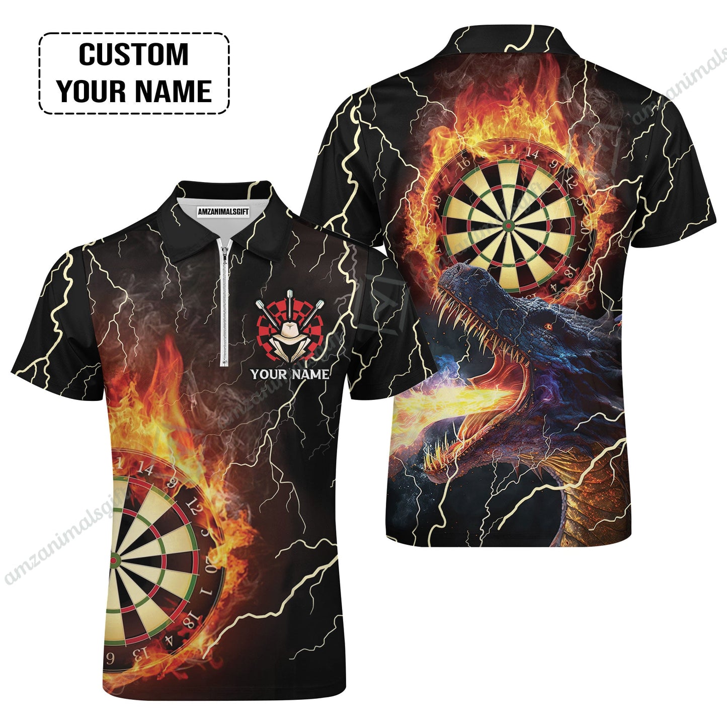 Customized Darts Long Sleeve Men Polo Shirt, Flame Dartboard, Personalized Name Dragon And Darts Polo Shirt - Perfect Gift For Darts Lovers