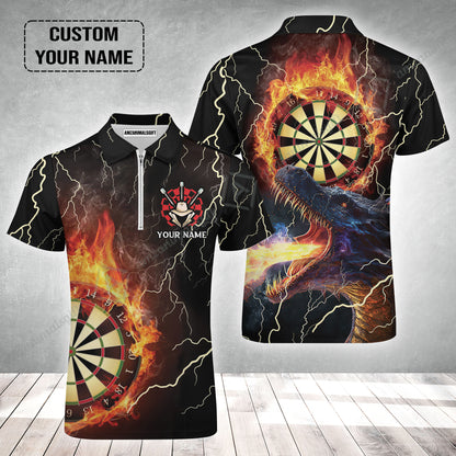 Customized Darts Zip Polo Shirt, Flame Dartboard, Personalized Name Dragon And Darts Zip Polo Shirt - Perfect Gift For Darts Lovers