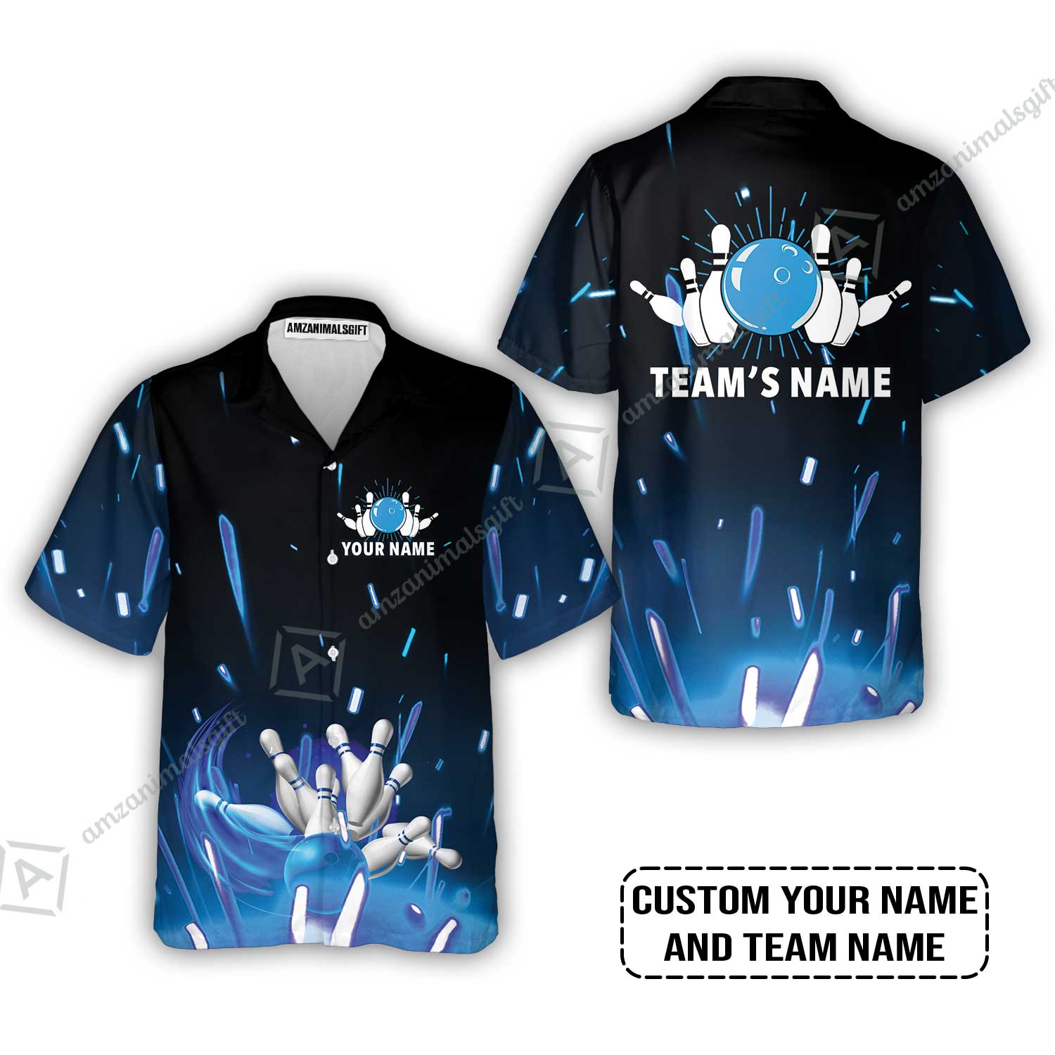 Bowling Custom Name Hawaiian Shirt - Blue Bowling Personalized Hawaiian Shirt - Gift For Friend, Family, Bowling Lovers