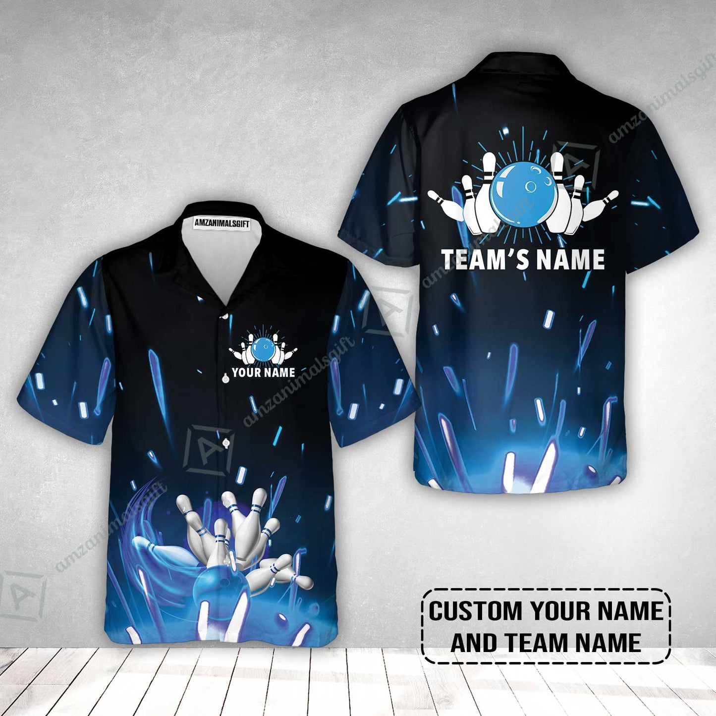 Bowling Custom Name Hawaiian Shirt - Blue Bowling Personalized Hawaiian Shirt - Gift For Friend, Family, Bowling Lovers