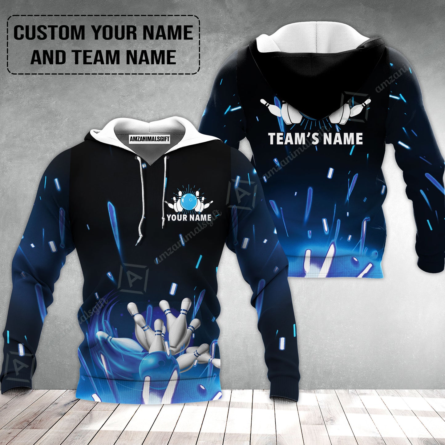 Bowling Custom Name Hoodie- Blue Bowling Personalized Hoodie - Gift For Friend, Family, Bowling Lovers